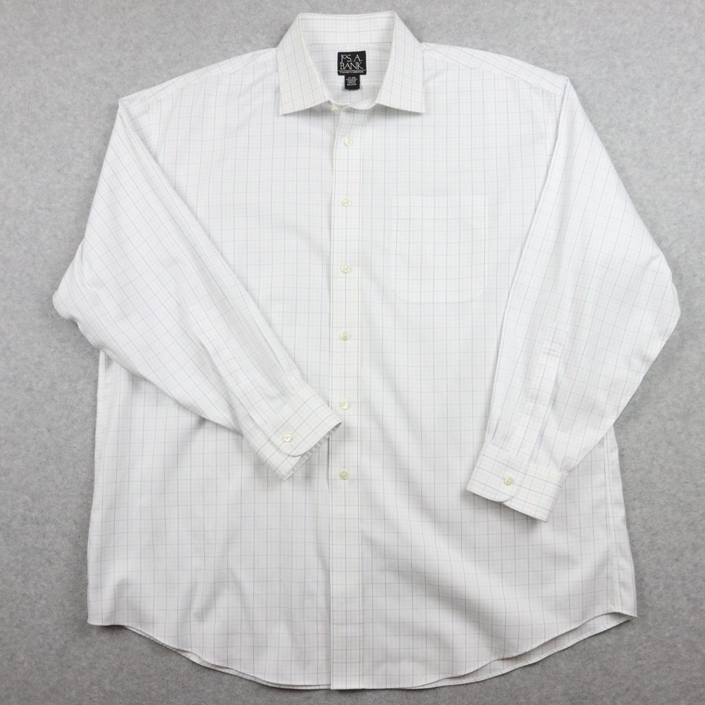 Jos A Bank Shirt Mens 17-33 Travelers Pocket Button Up‎ White Plaid Long Sleeve